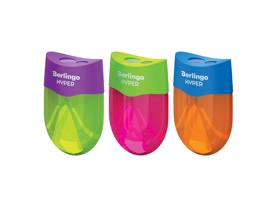 Точилка пластиковая Berlingo "Hyper" 2 отверстия, контейнер, ассорти