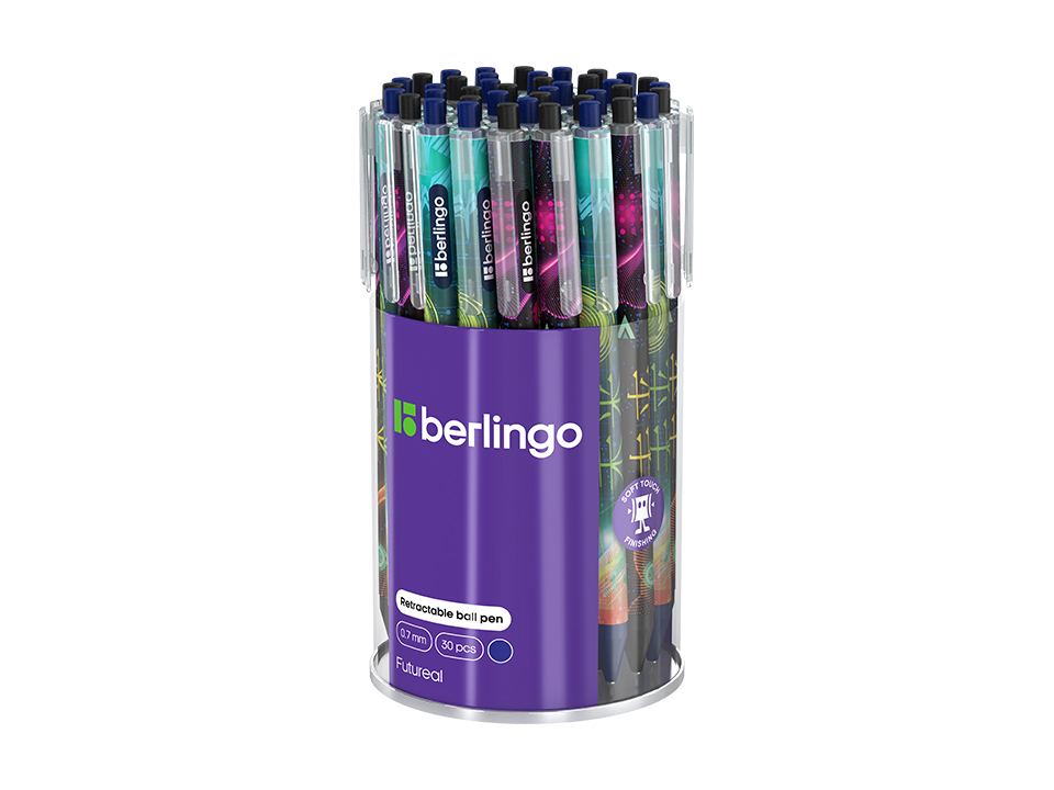 Ручка шариковая автоматическая Berlingo "Futureal" синяя, 0,7мм, грип, рисунок на корпусе,soft touch, ассорти