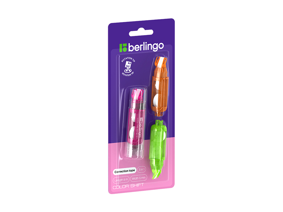 Корректирующая лента Berlingo "Color Shift" + 2 сменных картриджа в комплекте, 5мм*6м, блистер с европодвесом