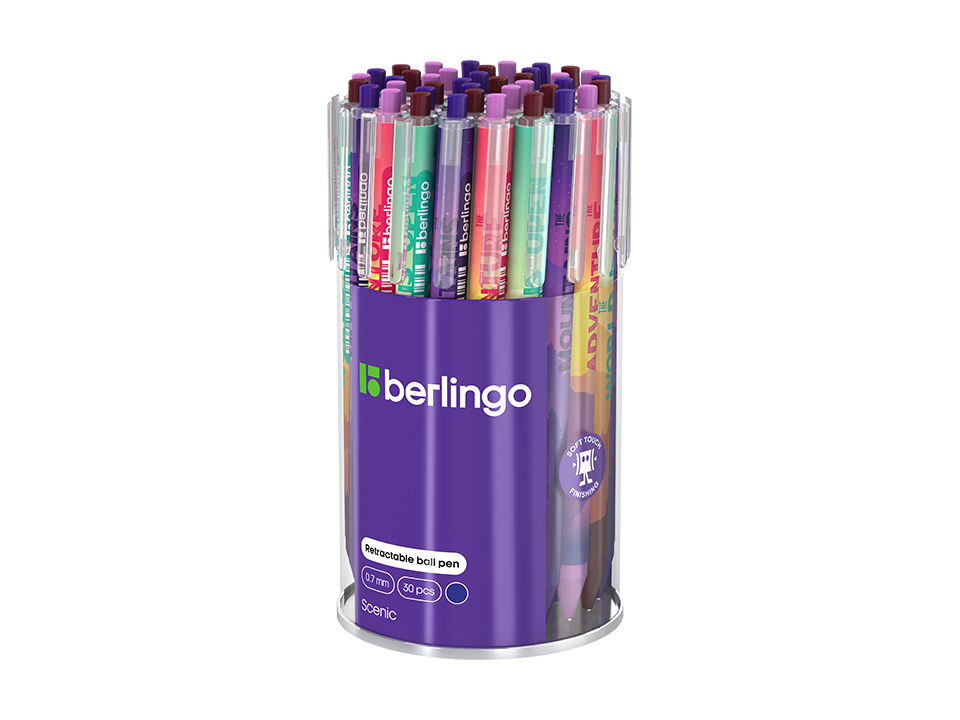 Ручка шариковая автоматическая Berlingo "Scenic" синяя, 0,7мм, грип, рисунок на корпусе,soft touch, ассорти