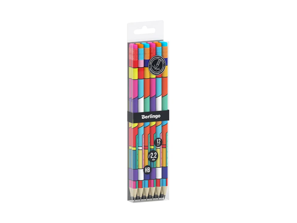 Набор карандашей ч/г Berlingo "Color Block" 12шт., HB, круглый, заточен., с ластиком, ассорти, PET-бокс