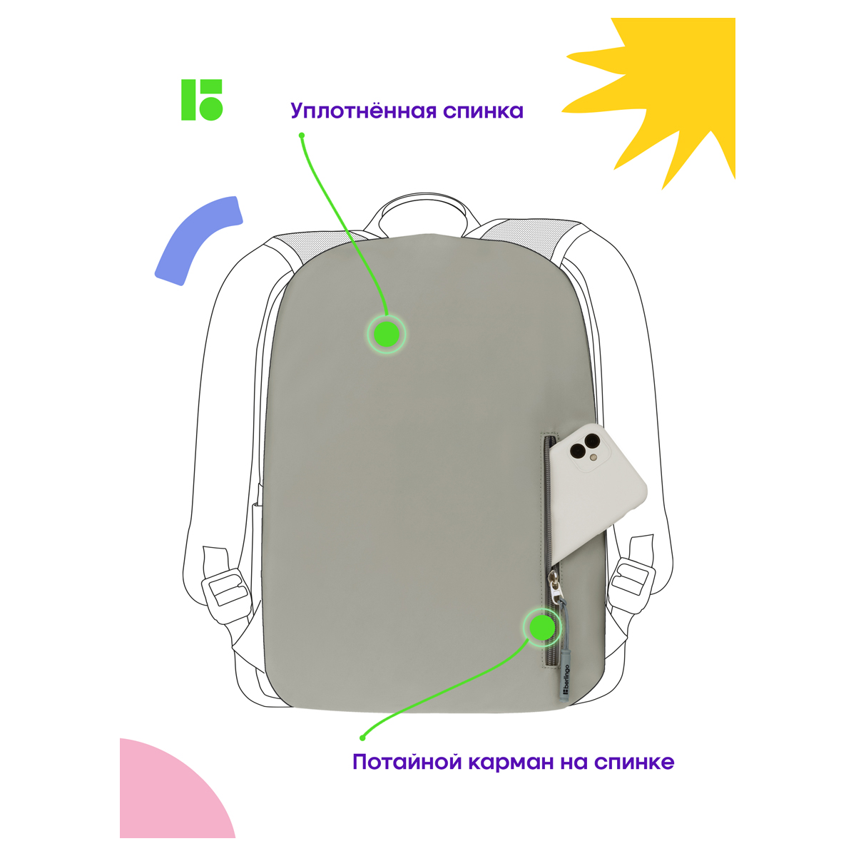 Рюкзак Berlingo Tasty "Green matcha", 40*28*15см, 1 отделение, 7 карманов, уплотненная спинка