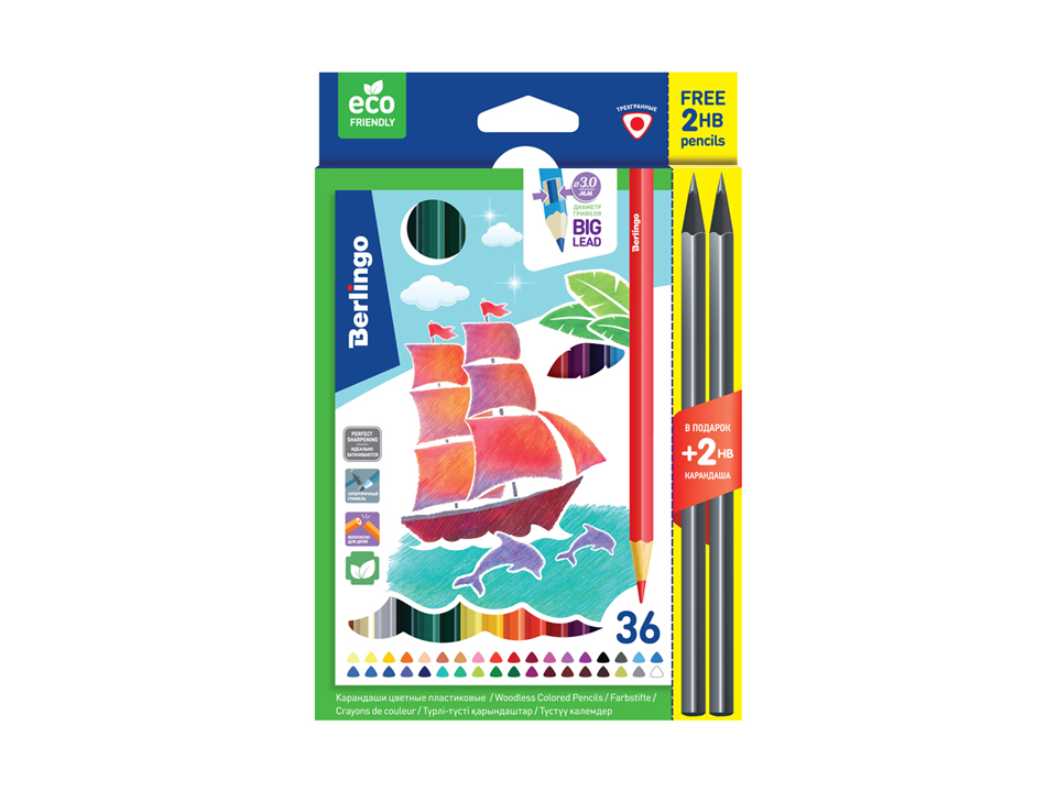 Карандаши цветные пластиковые Berlingo "Корабли", 36цв.+2 ч/г HB, заточен., картон, европодвес