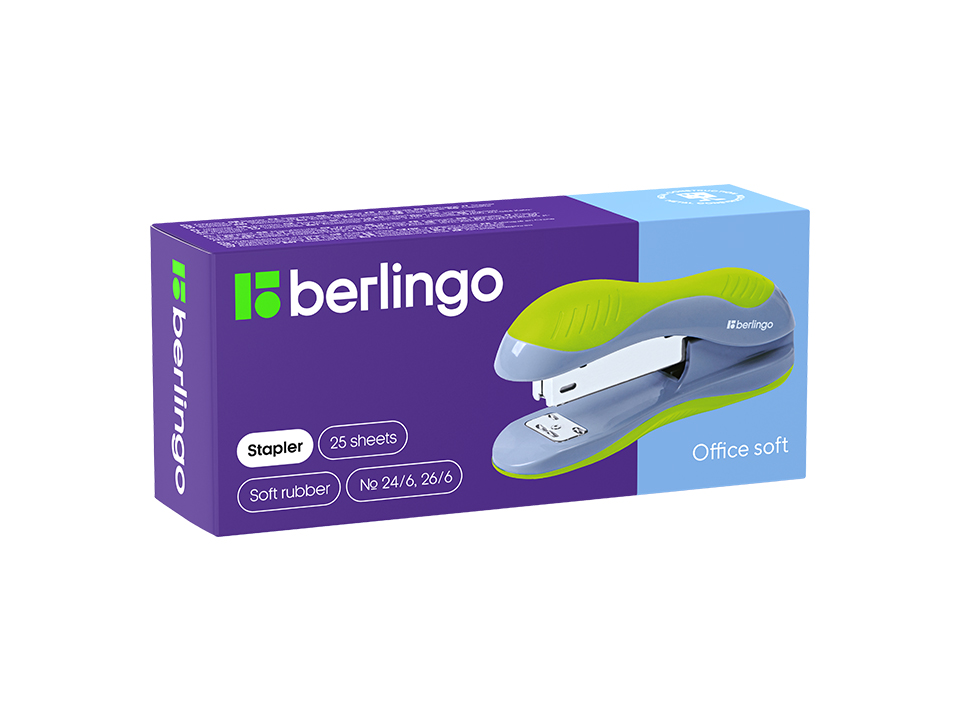 Степлер №24/6, 26/6 Berlingo "Office Soft" до 25л., пластиковый корпус, зеленый