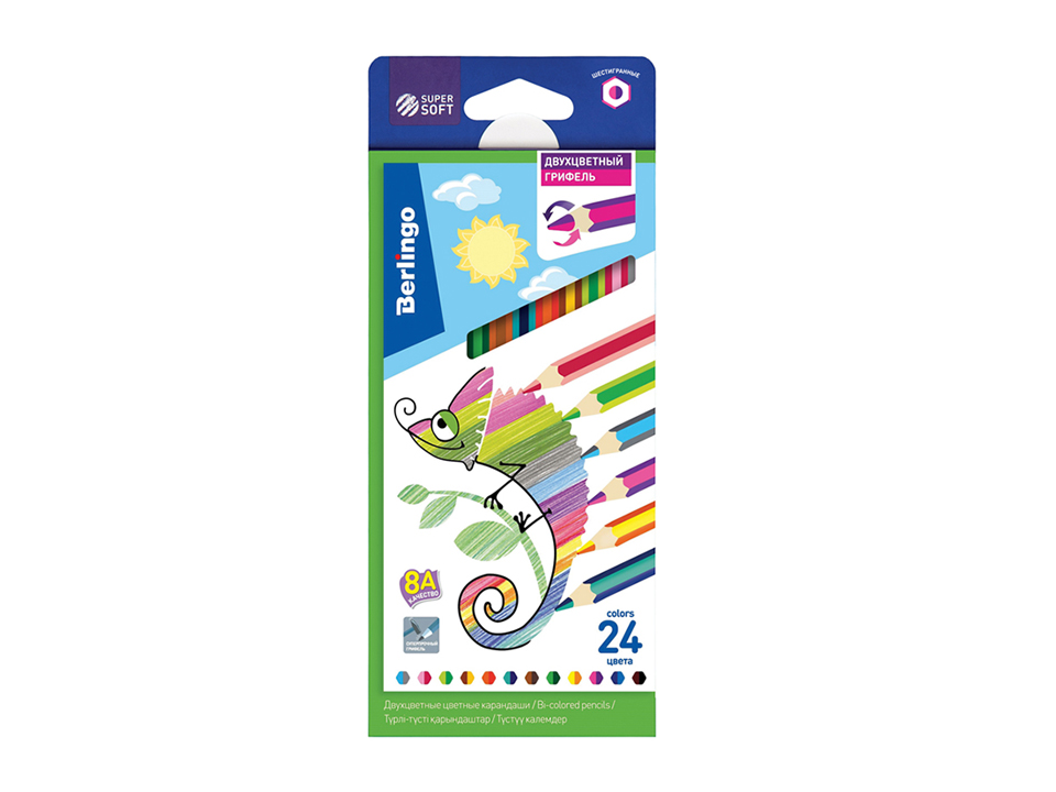 Карандаши с двухцветным грифелем Berlingo "SuperSoft. 2in1", 12шт., 24цв., картон., европодвес