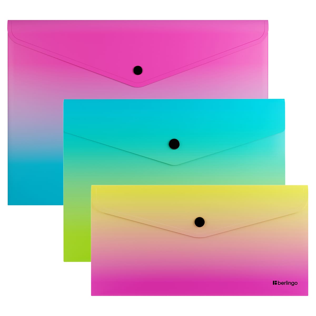 Набор пластиковых папок-конвертов на кнопке Berlingo "Radiance", форматы А4, А5, Travel size, 3шт