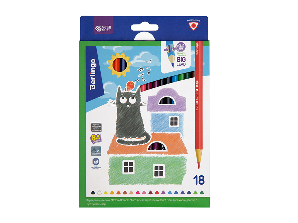 Карандаши цветные Berlingo "SuperSoft. Жил-был кот", 18цв., трехгран., заточен., картон, европодвес