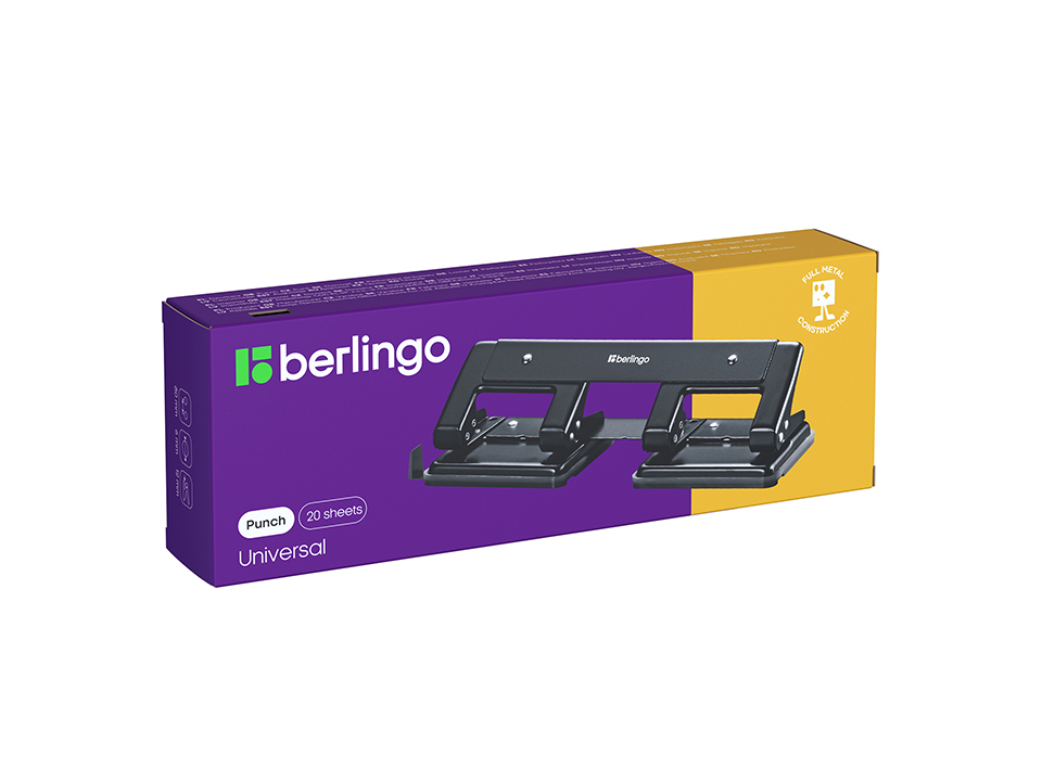 Дырокол Berlingo "Universal" 20л., 4 отверстия, металлический корпус, черный