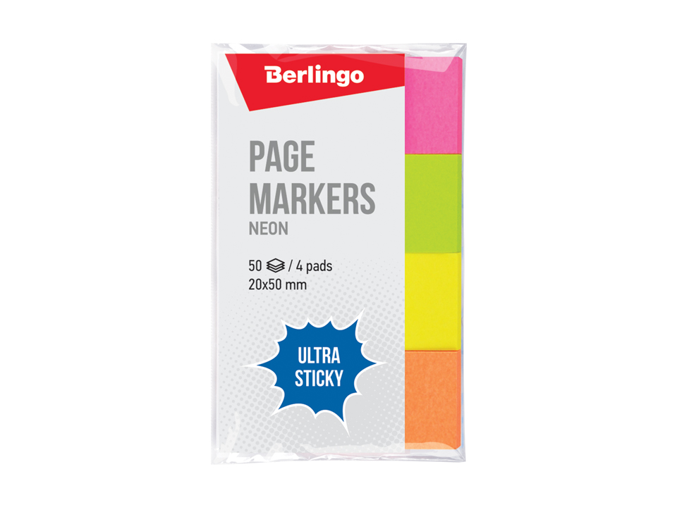 Флажки-закладки Berlingo "Ultra Sticky", 20*50мм, 50л*4 неоновых цвета