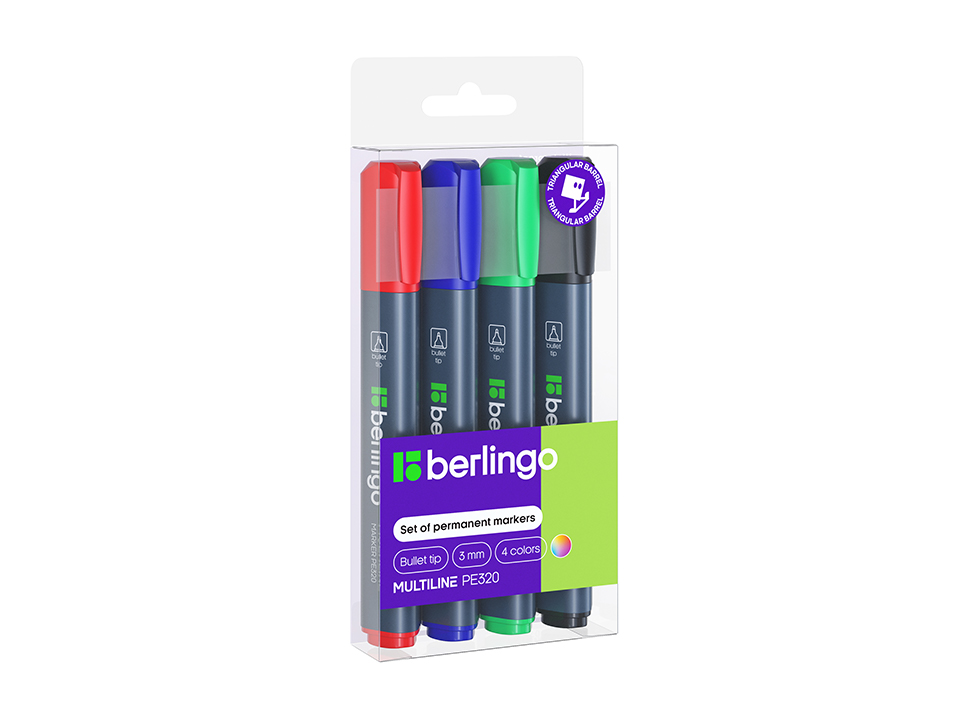 Набор перманентных маркеров Berlingo "MultiLine PE320" 04цв., пулевидный, трехгранный, 3,0мм