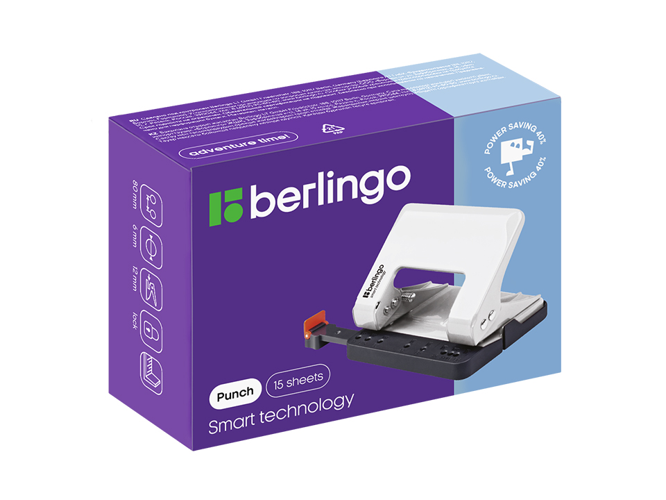 Дырокол энергосберегающий Berlingo "Smart Technology" 15л., металлический, фиксатор, линейка, белый