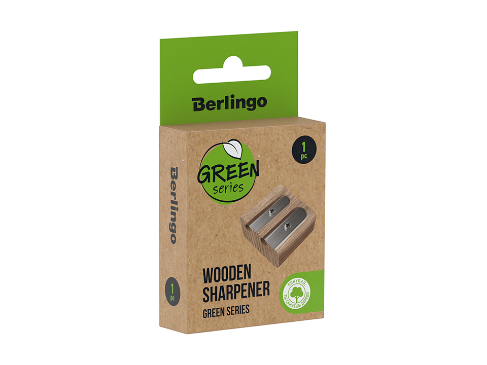 Точилка деревянная Berlingo "Green Series", 2 отверстия, в индивидуальной коробке, с европодвесом