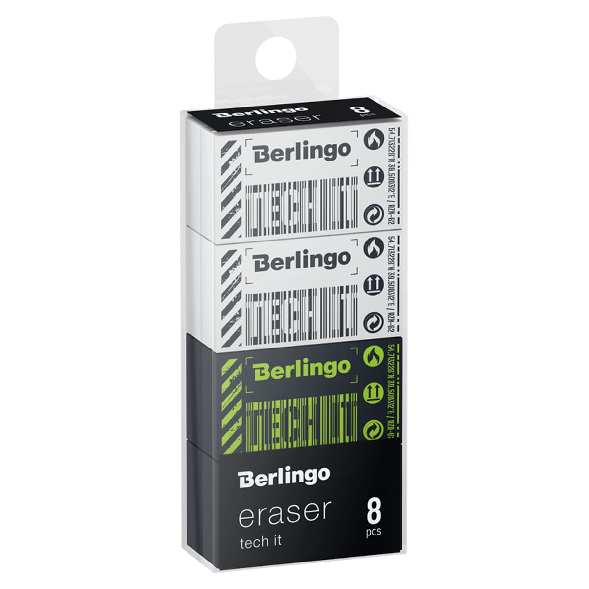 Ластик Berlingo "Tech it", 8шт., прямоугольный, 45*25*10мм, PVC бокс