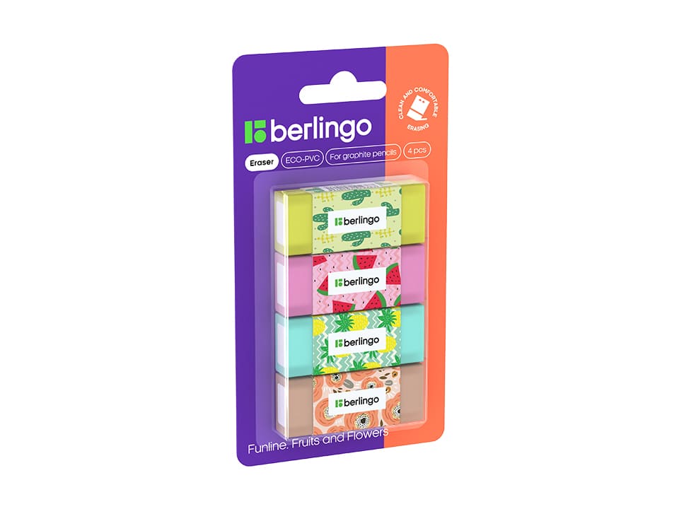 Ластик Berlingo "Funline. Fruits and Flowers", 4шт., прямоугольные, 50*20*11мм, блистер