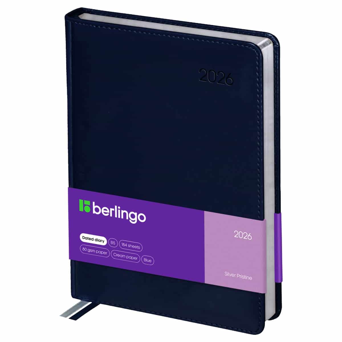 Ежедневник датированный 2026г., А4-(В5), 184л., кожзам, Berlingo "Silver Pristine", сер. срез, синий