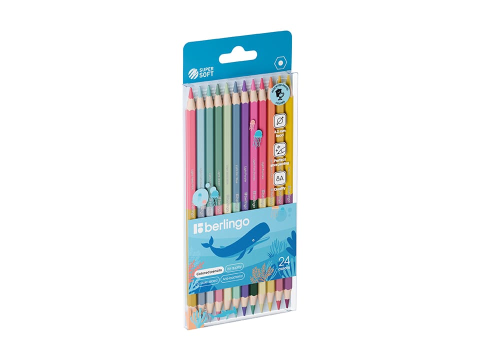 Карандаши цветные пастельные двусторонние Berlingo "SuperSoft. Pastel", 24цв., 12шт., заточен., европодвес