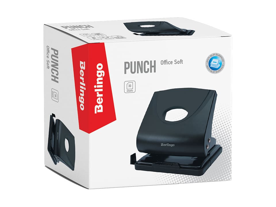 Дырокол Berlingo "Office Soft" 30л., пластиковый, черный, с линейкой